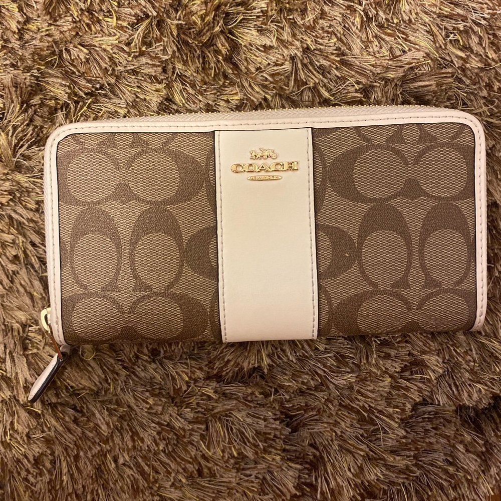 Coach Long Zip Around Wallet in Signature Beige and Brown